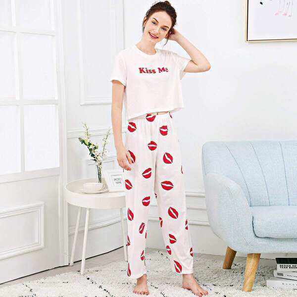 

Lip & Letter Print Pajama Set, White