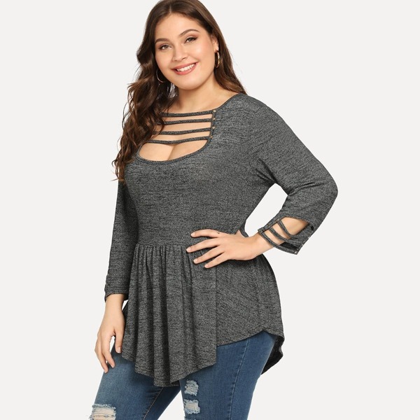 

Plus Ladder Cut Out Ruffle Hem Longline Tee