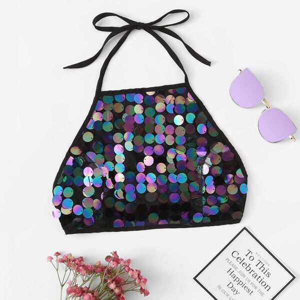 

Sequin Knot Back Halter Top, Black