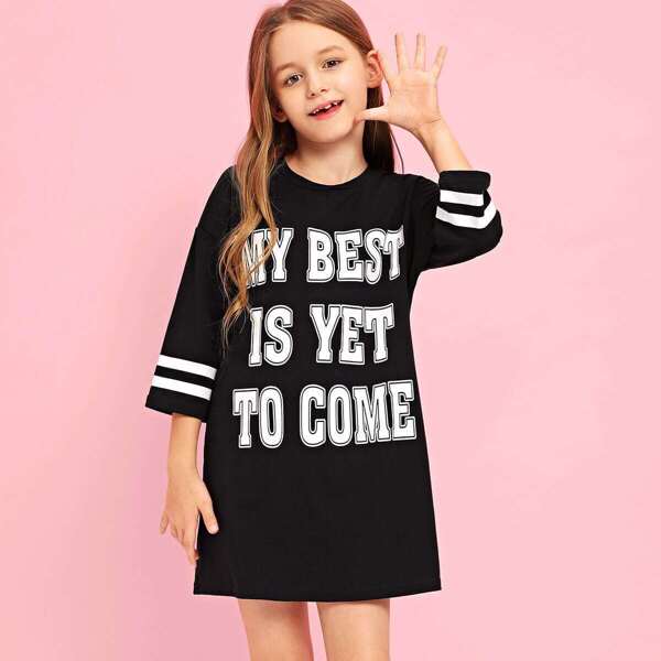 

Girls Letter Print Striped Sleeve Dress, Black