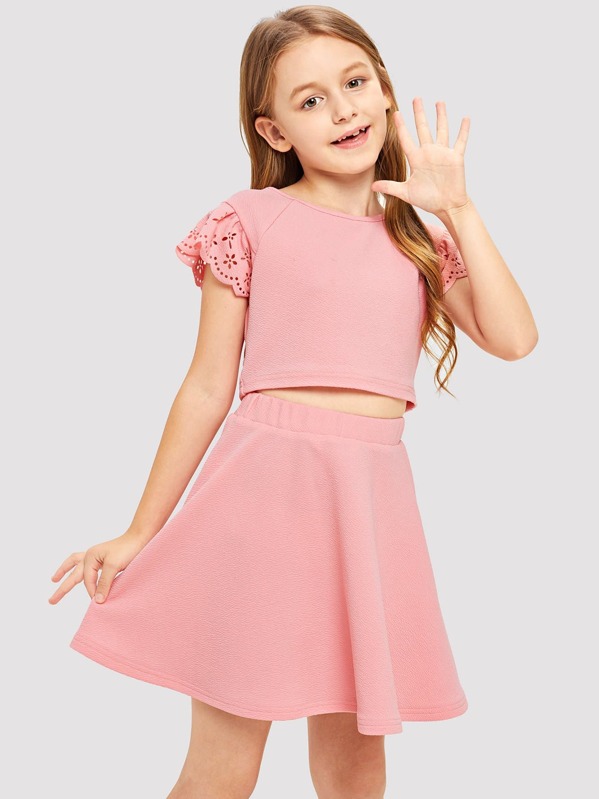 

Девушки Лазерная вырезка из гребешка Trim Top & Skirt Set, Sashab