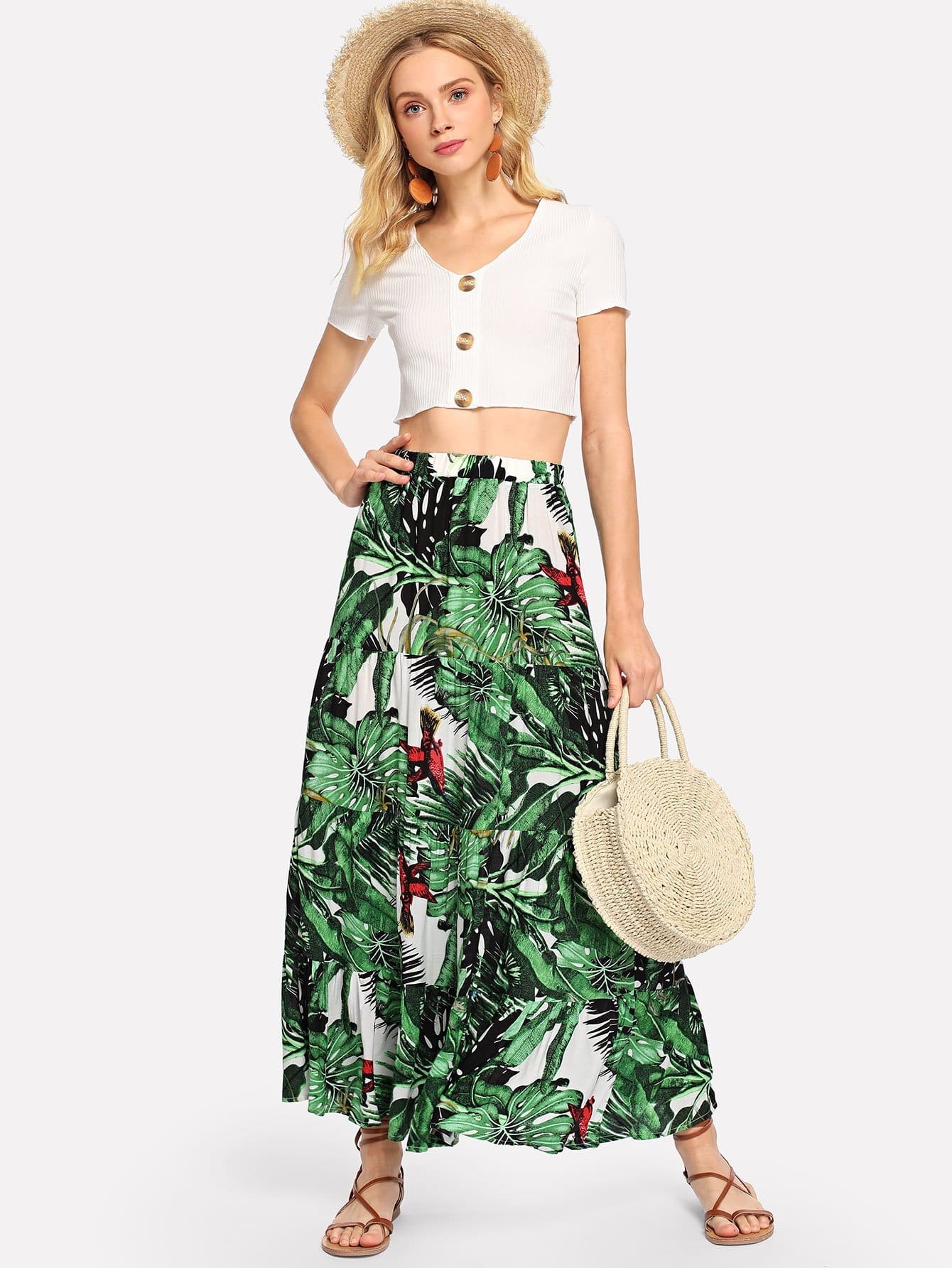 palm leaf print tiered ruffle skirt