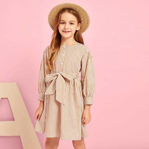 

Girls Button Front Tie Waist Striped Dress