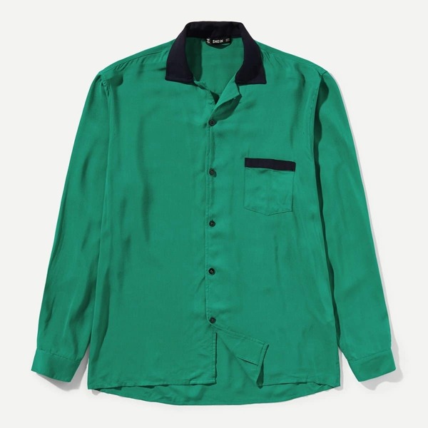 

Men Pocket & Button Up Collar Neck Top, Green