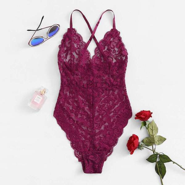 

Scalloped Trim Lace Teddy Bodysuit