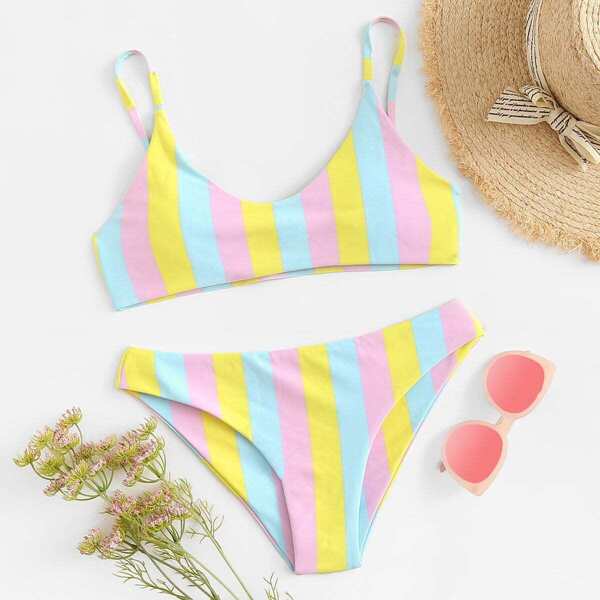 

Striped Thin Strap Top With High Leg Bikini Set
