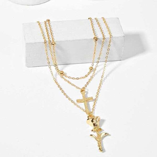 

Cross & Rose Pendant Layered Necklace