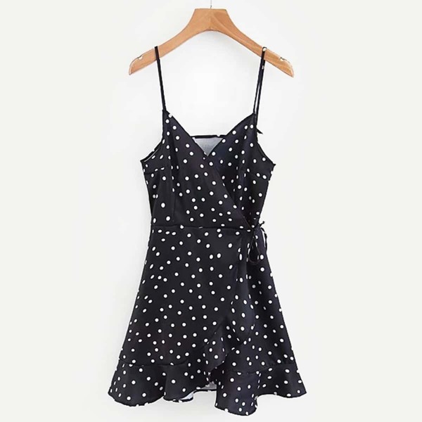 

Self Tie Surplice Polka Dot Cami Dress, Black and white