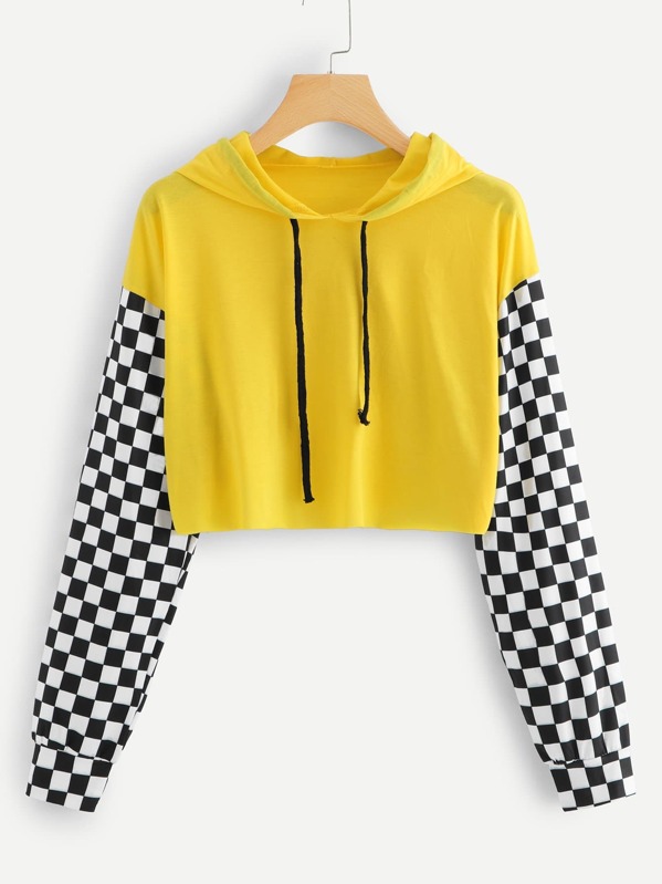 

Checkerboard Sleeve Hooded Crop Tee, Multicolor