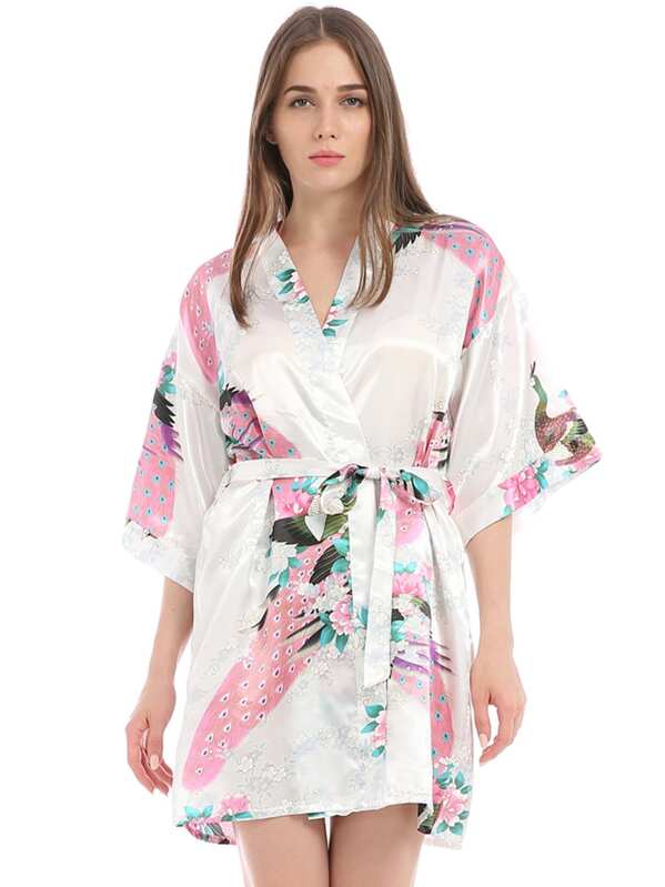 

Peacock & Flower Print Self Tie Robe, Multicolor