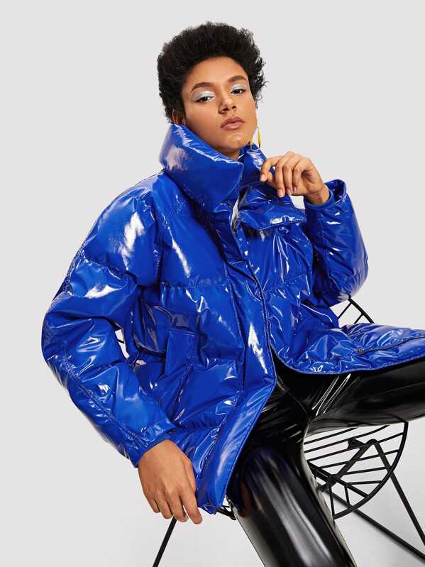 Faux Patent Puffer Coat Shein Sheinside
