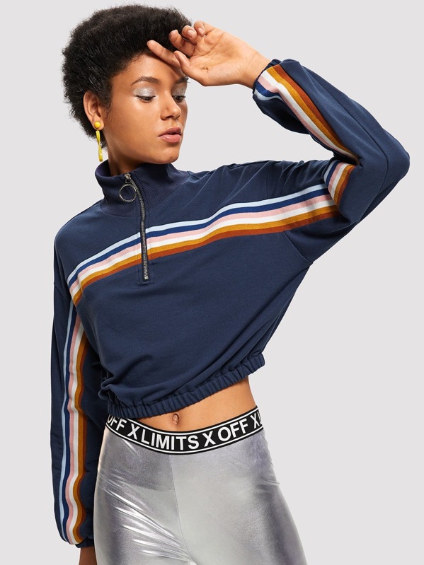 

O-Ring Zip Half Placket Striped Sweatshirt, Ana