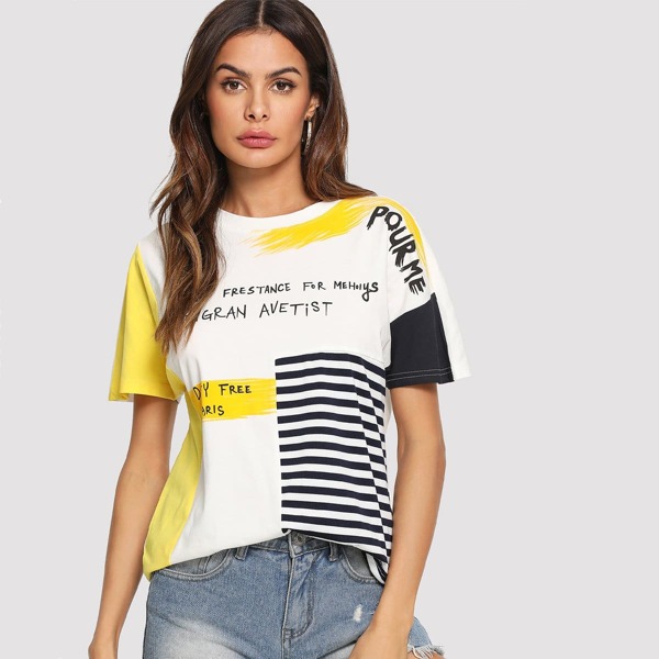 

Slogan Print Cut & Sew Striped Tee, Multicolor