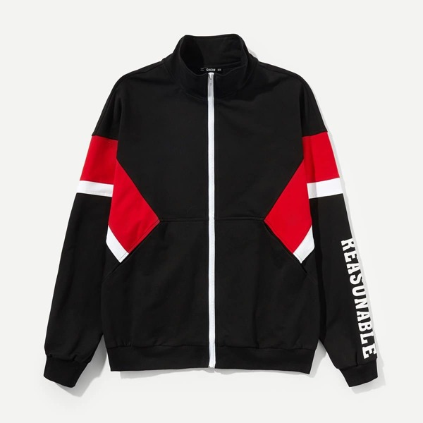 

Men Zip Front Letter Print Coat, Black