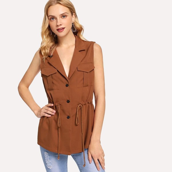 

Button & Pocket Up Drawstring Notched Neck Coat, Brown
