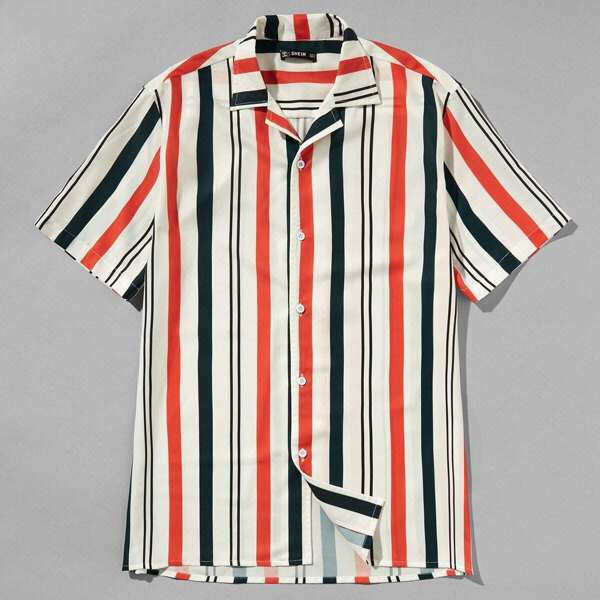 

Men Button Front Striped Collar Neck Top