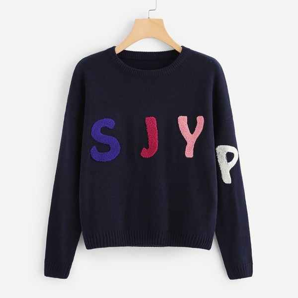 

Drop Shoulder Letter Fleece Patch Sweater
