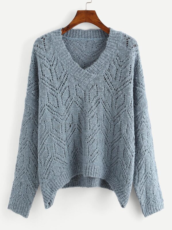 Surplice Neck Drop Shoulder Sweater, Blue