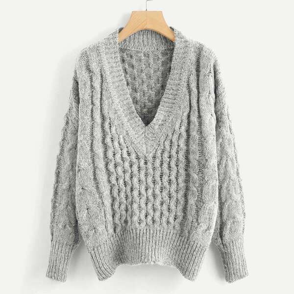 

Plunging Neck Textured Sweater