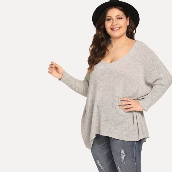 

Plus Pocket Patched Semi Sheer Sweater, Grey