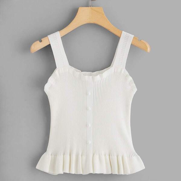 

Button Front Ruffle Trim Knit Top
