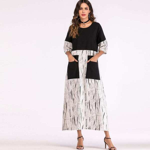 

Pocket Patch Spliced Maxi Tunic Dress, Black and white