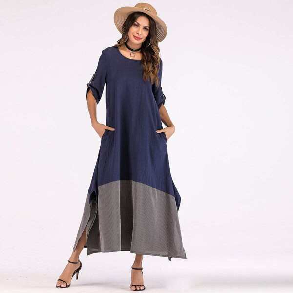 

Cut & Sew Side Slit Maxi Dress, Navy