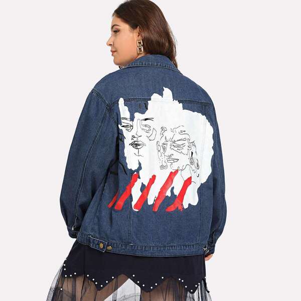 

Plus Graphic Print Button Front Denim Jacket