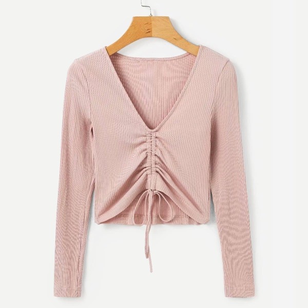 

Drawstring Front Marled Knit Crop Tee