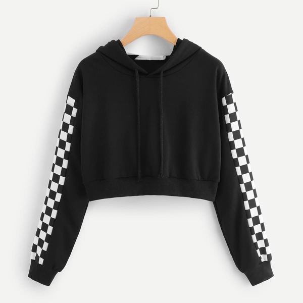 

Gingham Panel Drawstring Hoodie, Black and white