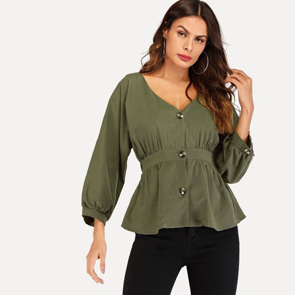 

Button Front Ruffle Hem Blouse