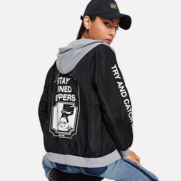 

Letter Graphic Hooded Jacket, Black and white