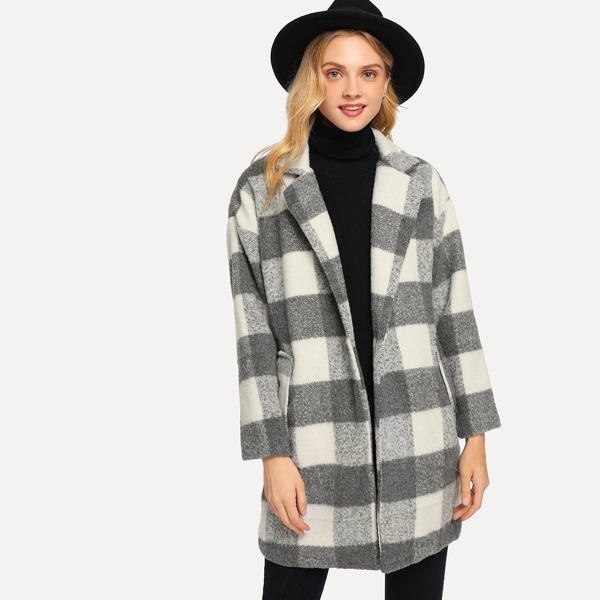 

Check Plaid Dual Pocket Coat, Black and white