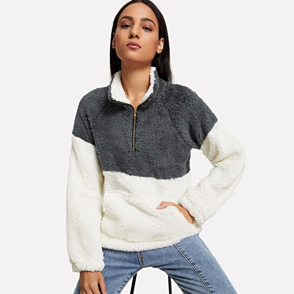 

Half Zipper Spliced Teddy Sweatshirt, Multicolor