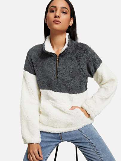 Sudadera color block de hombros caídos y con bolsillo de canguro