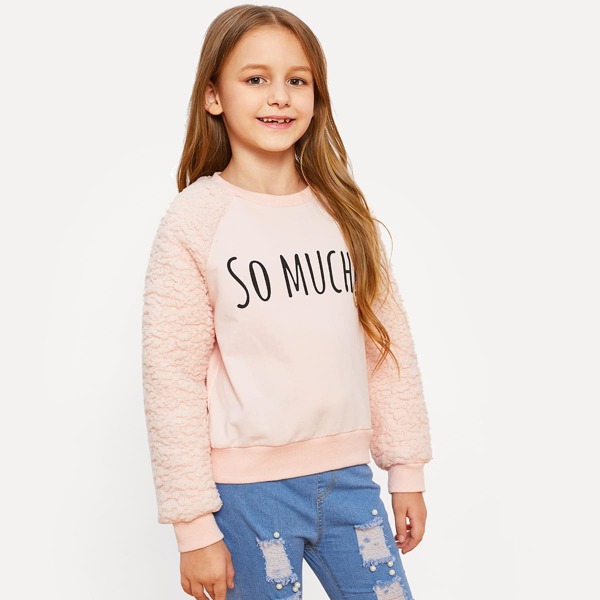 

Girls Letter Print Shearling Sleeve Sweatshirt, Pink