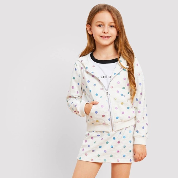 

Girls Zip Hoodie Polka Dot Print Top & Skirt Set