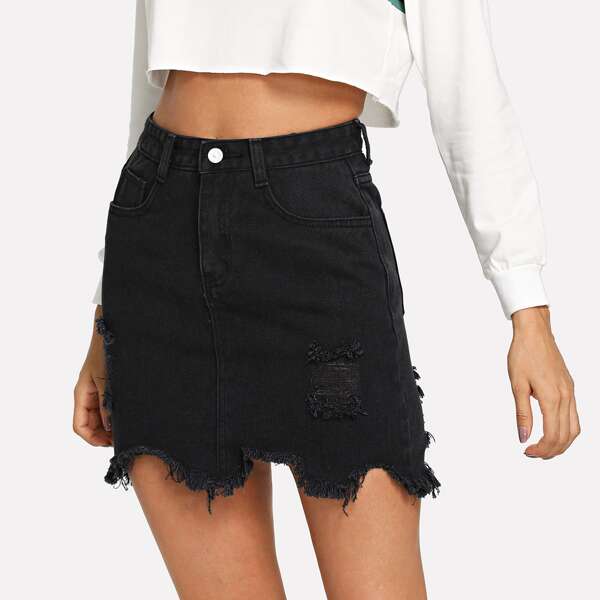 

Raw Hem Ripped Denim Skirt, Black