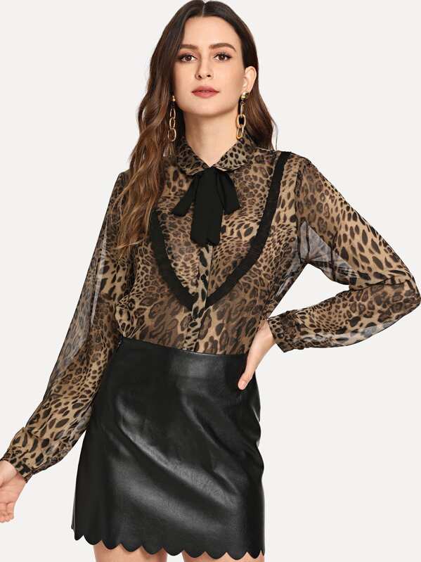 

Tie Neck Collar Neck Leopard Печать Вверх, Jana
