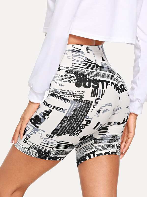 

Allover Newspaper Print Cycling Shorts, Black and white, Andy
