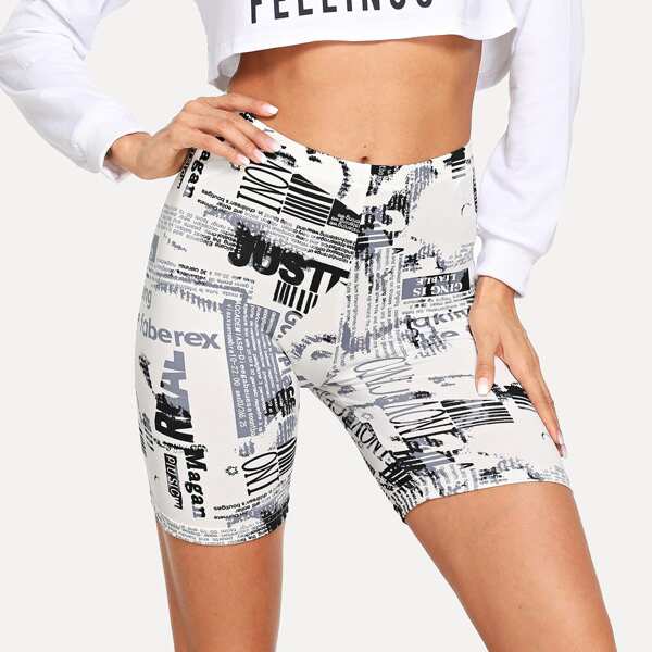 

Newsprint Print High-Rise Biker Shorts, Black and white