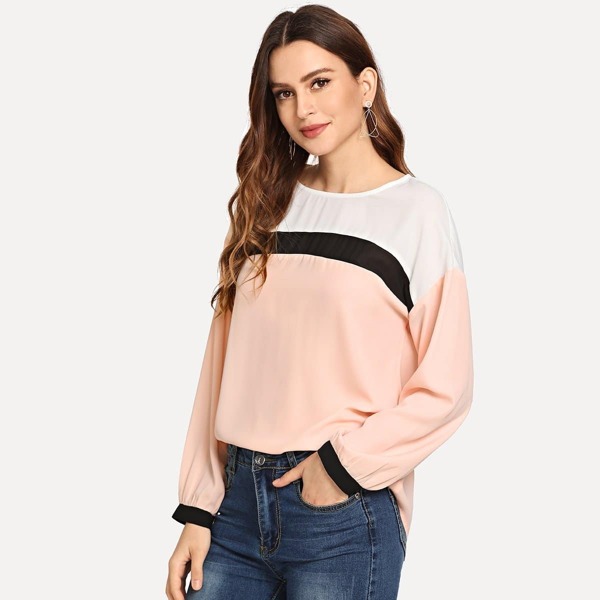 

Cut & Sew Curved Hem Top, Multicolor