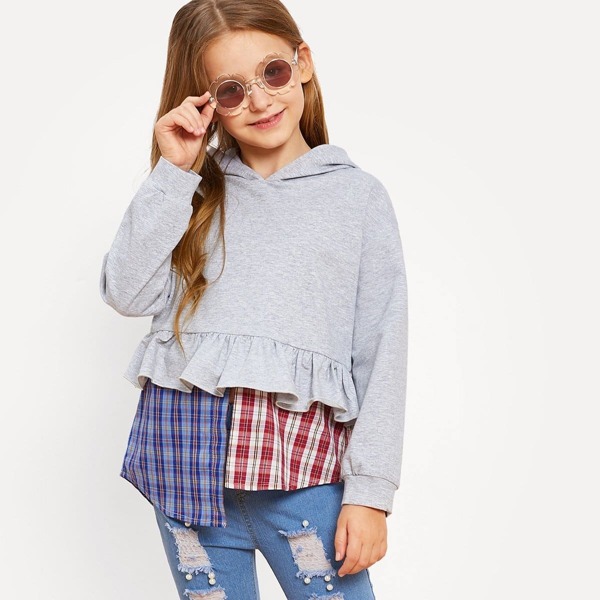 

Girls Ruffle and Asymmetrical Hem Hoodie Sweatshirt, Grey