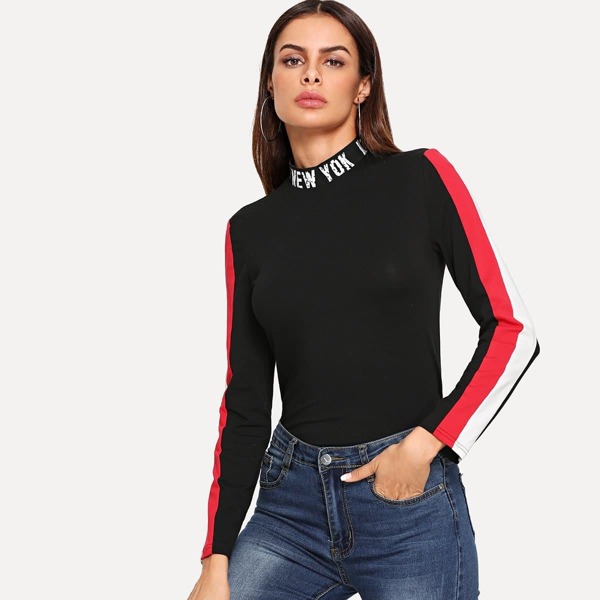 

Striped Tape Sleeve Lettering Mock Tee, Black