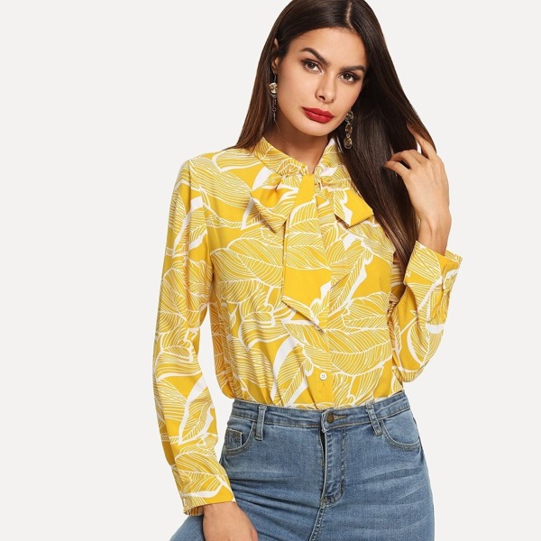 

Leaf Print Tie Neck Blouse
