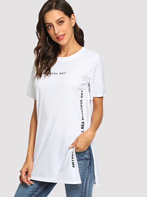 

Letter Graphic Split Side Longline Tee, White, Mary
