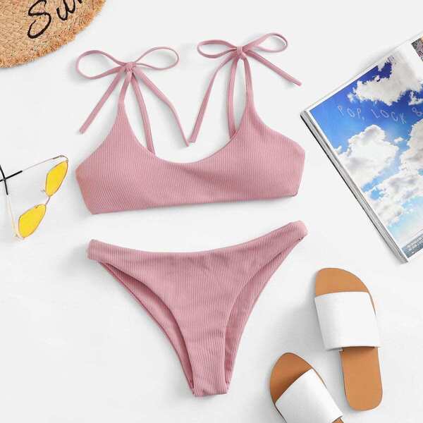 

Shoulder Self Tie Top With Ribbed Bikini Set, Pink