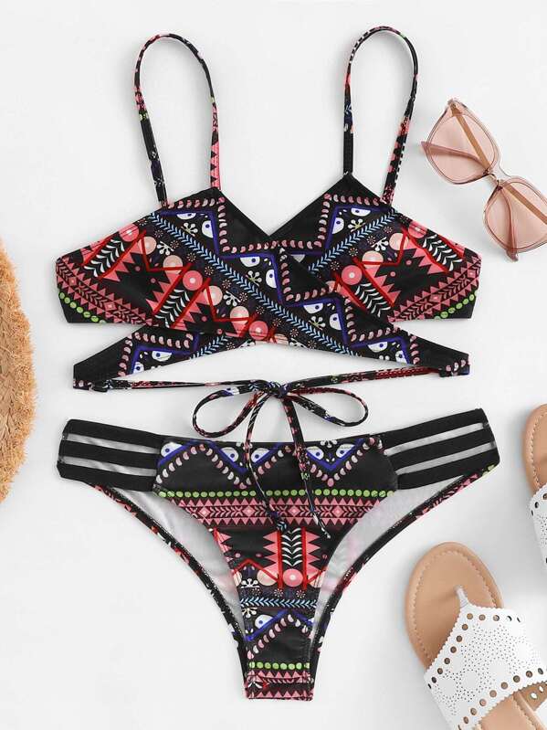 

Geometric Self Tie Bikini Set, Multicolor