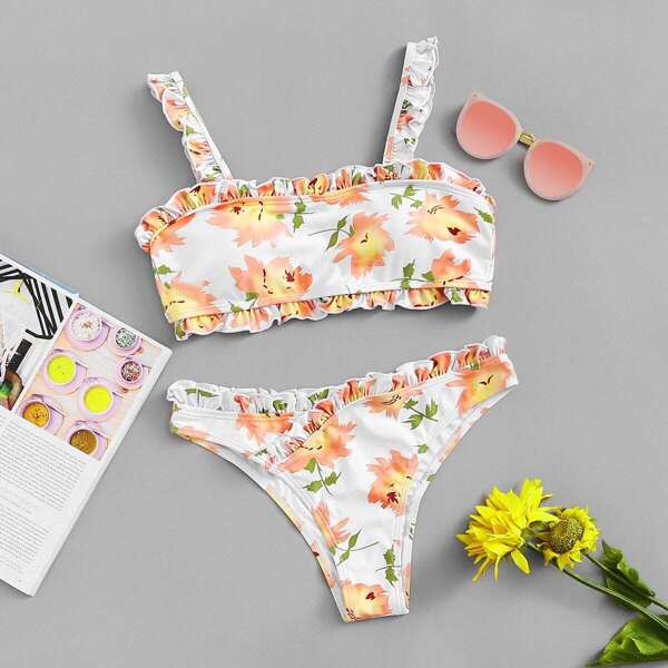 

Floral Frill Trim Bikini Set, Multicolor