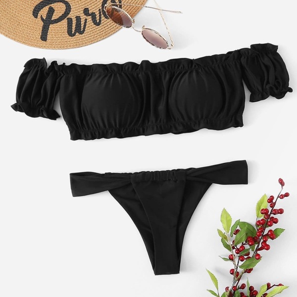 

Off Shoulder Lettuce Trim Top With Tanga Bikini